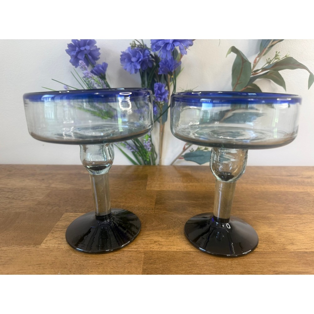 Vintage Cobalt Blue Rim Margarita Glasses Coupe Dessert Glasses Pair MCM Barware